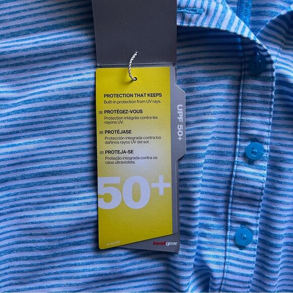 Under Armour Blue/White Striped Heat Gear Fitted Sleeveless Golf Polo Size Large - Picture 11 of 13